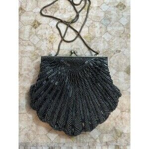 Vintage 1950's La Regale Black Beaded Clamshell Evening Bag with Chain Strap EUC